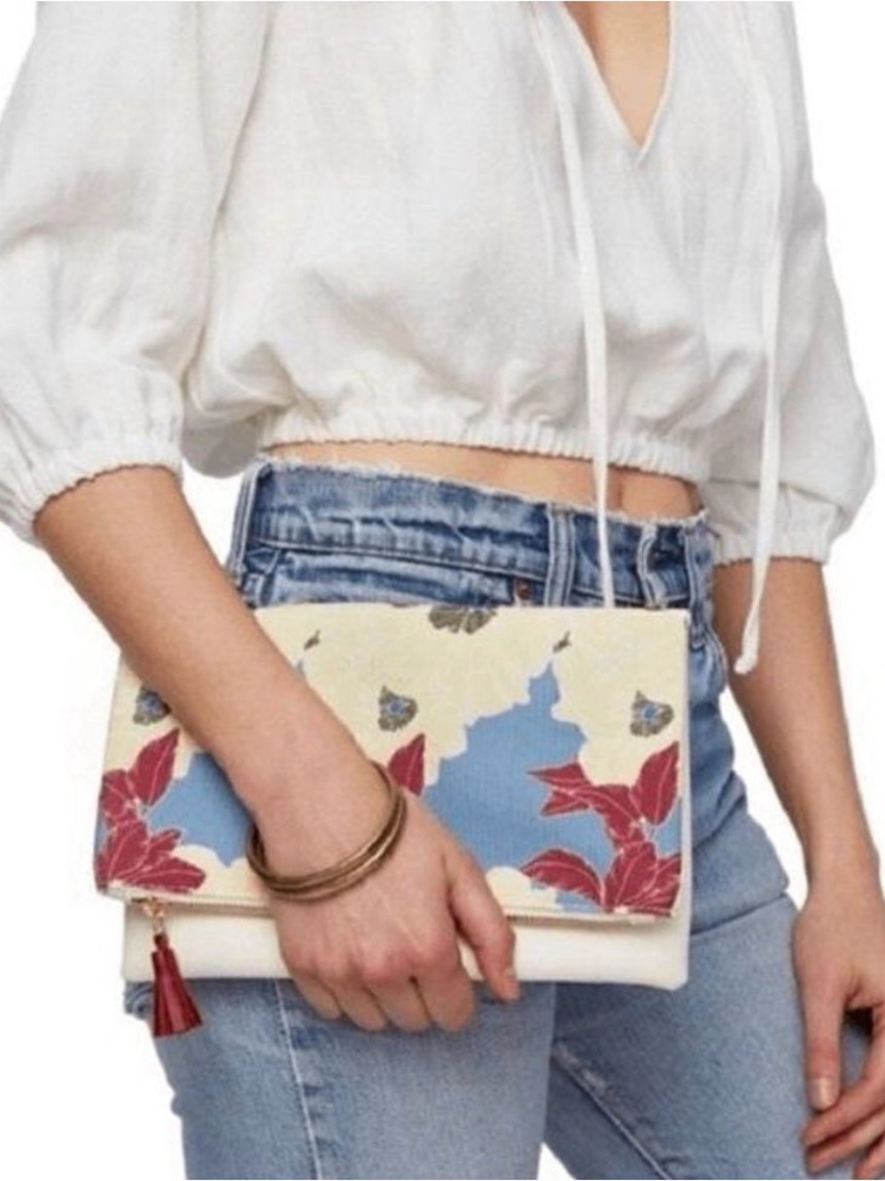 Rachel Pally Floral Print Fold-Over Clutch in Cream, Blue, and Burgundy